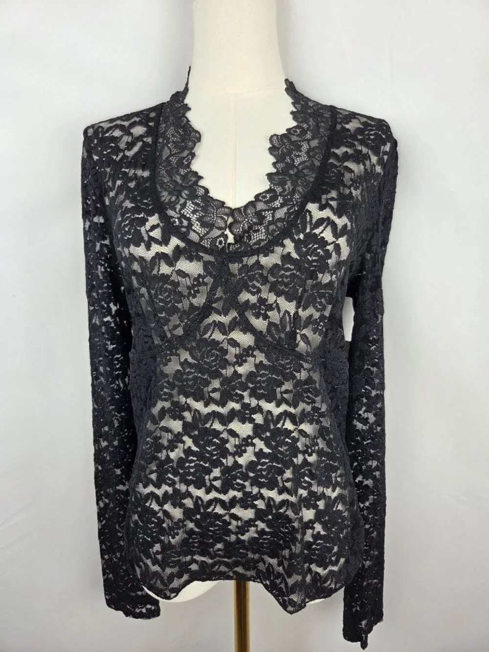 Free People‎ All Day Lace Top L Black Sheer Long Sleeve Scalloped V-Neck NWT